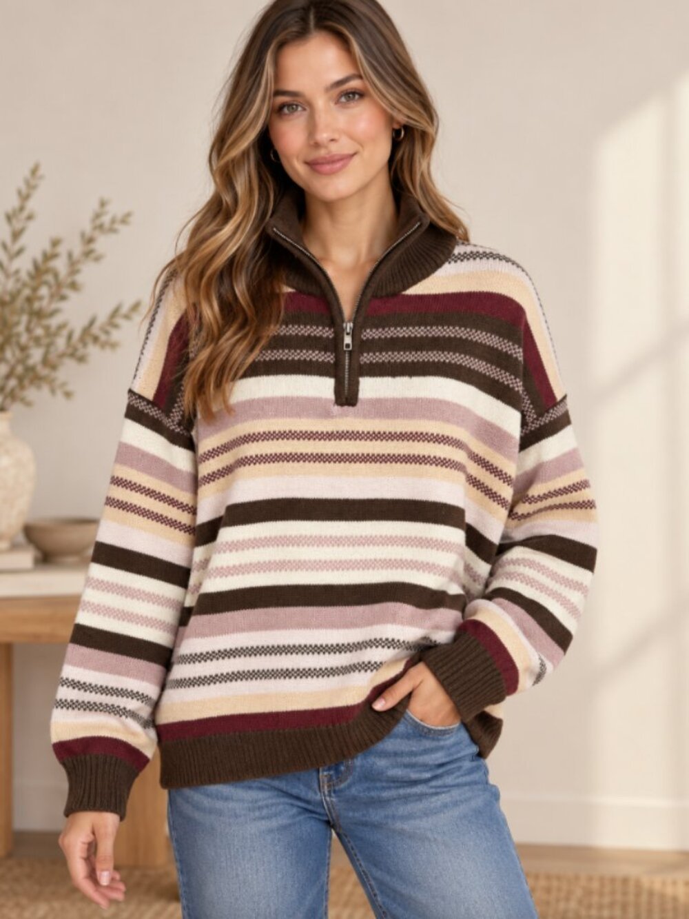 Striped Quarter Zip Sweater Brown Burgundy Mauve Cream Mock Neck NWT #D82
